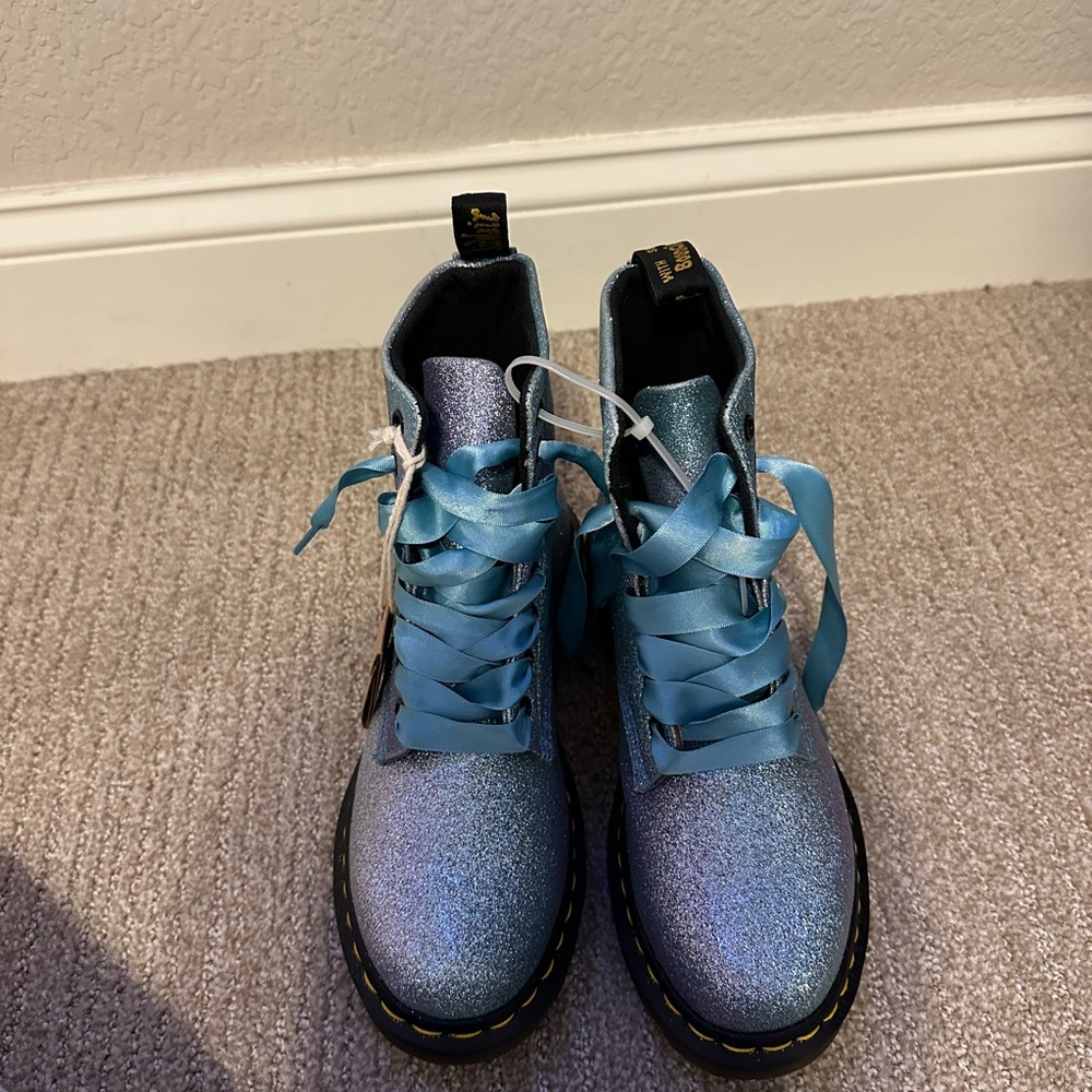 Dr. Martens Silver Glitter Boots with Blue Laces